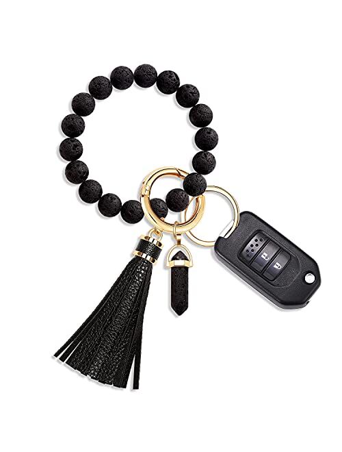 Moloch Key Ring Bracelet-Stone Beaded Wristlet Keychain Bracelet-Tassel Wrist Key Holder Cute Car Keychain For Women Gift