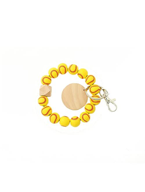 Mapott Keychain Wristlet Bracelet Wooden Beaded Keyring for Women with Round Wood Chips