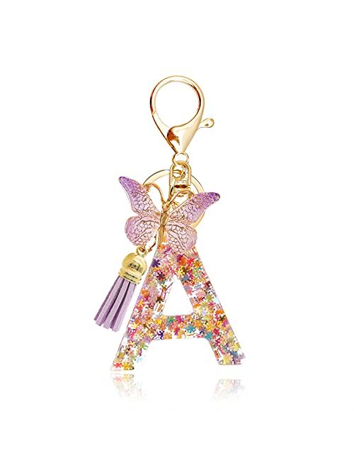 OKAICEN Snowflakes Alphabet Initial Letter Keychain Purple Tassel Butterfly Pendant Key Ring for Purse Handbags Women Girl