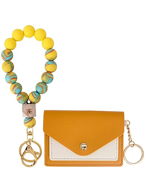 Hisuper Wristlet Keychain Bracelet Wallet for Women Silicone Beaded Car Key Rings with Bangle Card Holder