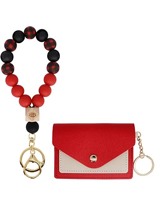 Hisuper Wristlet Keychain Bracelet Wallet for Women Silicone Beaded Car Key Rings with Bangle Card Holder