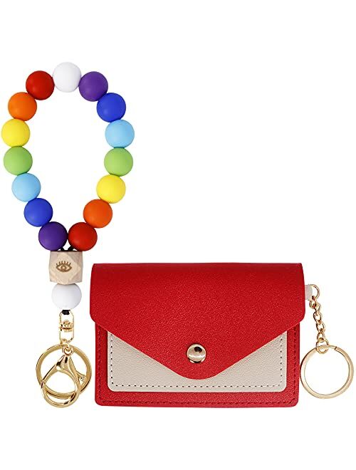 Hisuper Wristlet Keychain Bracelet Wallet for Women Silicone Beaded Car Key Rings with Bangle Card Holder