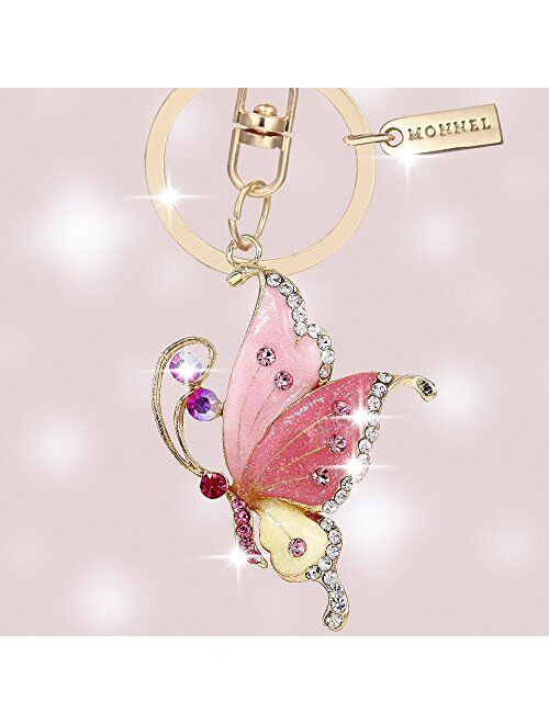 Monnel Bling Bling Crystal Pink Style Butterfly Keychain Key Ring with Pouch Bag MZ847-3