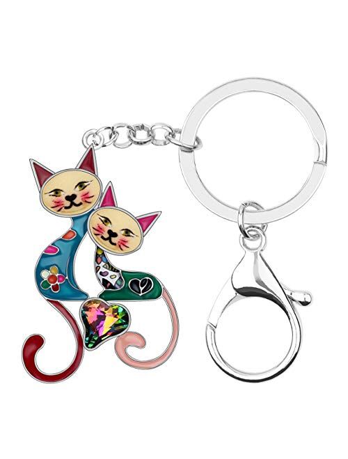 BONSNY Enamel Metal Heart Rhinestone Couple Love Cat Key Chains For Women Girl Car Purse bag Rings Charms Pets Gift