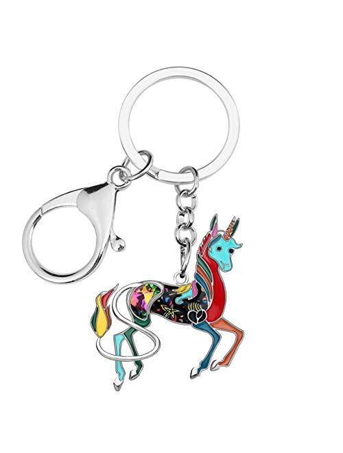 Bonsny Enamel Metal Rhinestone Floral Unicorn Keychains Key Car Purse Bags Charms Party Favors