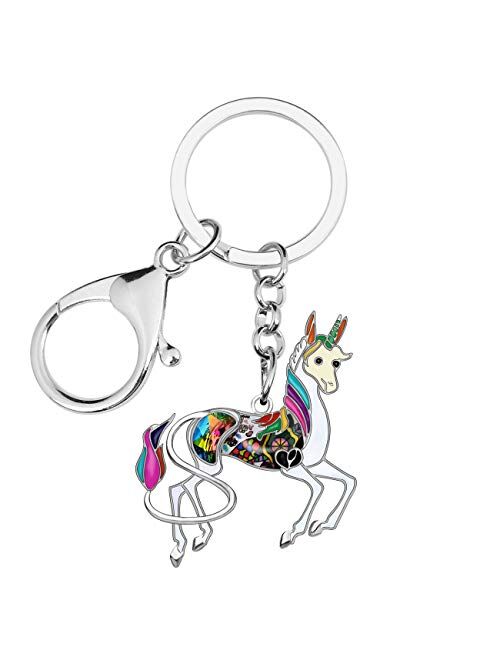 Bonsny Enamel Metal Rhinestone Floral Unicorn Keychains Key Car Purse Bags Charms Party Favors