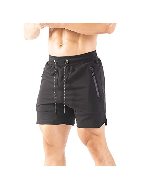 Gerlobal Men's 5 inch inseam Gym Workout Shorts Fitted Running Athletic Bodybuilding Shorts for Men with Zipper Pockets