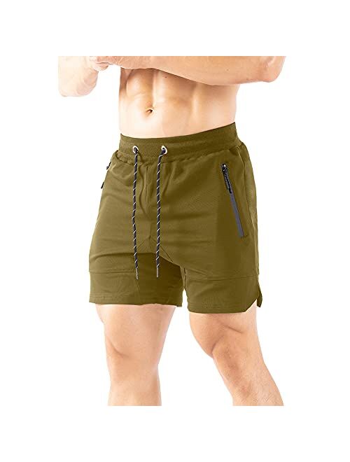 Gerlobal Men's 5 inch inseam Gym Workout Shorts Fitted Running Athletic Bodybuilding Shorts for Men with Zipper Pockets