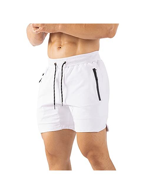 Gerlobal Men's 5 inch inseam Gym Workout Shorts Fitted Running Athletic Bodybuilding Shorts for Men with Zipper Pockets