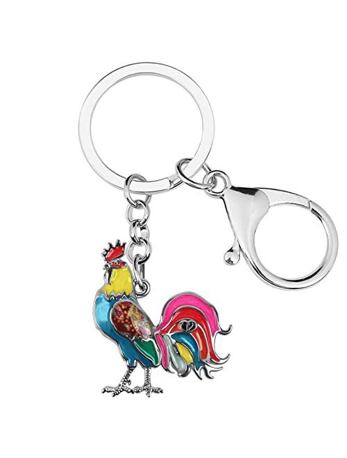 BONSNY Enamel Metal Farm Chicken Rooster Keychains For Women Car bag Rings Novelty Charms GIfts