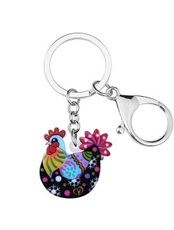 Acrylic Floral Hen Chicken Keychains Key Ring Car Purse Bags Charms Farm Animals Lover Gifts