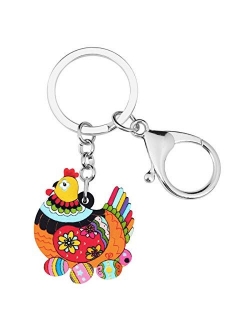 Acrylic Floral Hen Chicken Keychains Key Ring Car Purse Bags Charms Farm Animals Lover Gifts