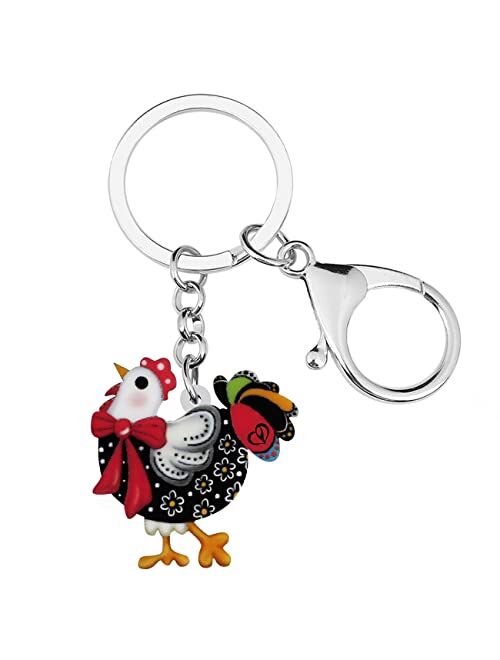 BONSNY Acrylic Floral Hen Chicken Keychains Key Ring Car Purse Bags Charms Farm Animals Lover Gifts