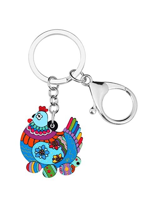 BONSNY Acrylic Floral Hen Chicken Keychains Key Ring Car Purse Bags Charms Farm Animals Lover Gifts