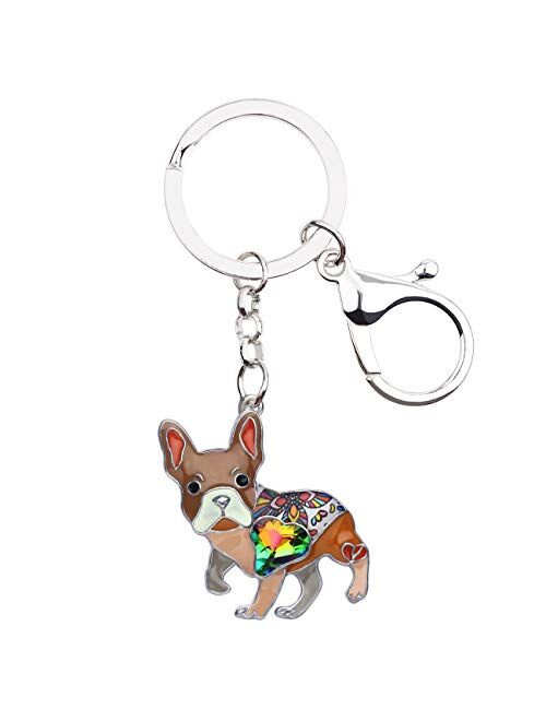 BONSNY Enamel Metal Heart Rhinestone French Bulldog Key Chains For Women Kids Car Purse bag Rings Charms Pets Gift