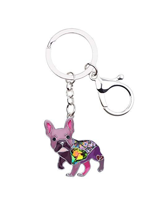 BONSNY Enamel Metal Heart Rhinestone French Bulldog Key Chains For Women Kids Car Purse bag Rings Charms Pets Gift