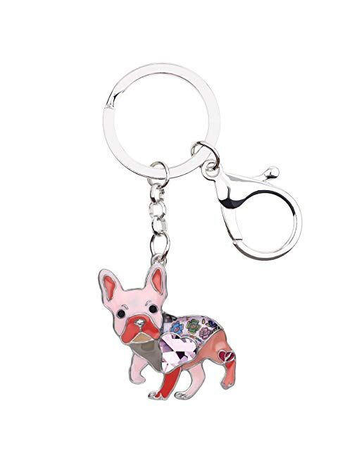 BONSNY Enamel Metal Heart Rhinestone French Bulldog Key Chains For Women Kids Car Purse bag Rings Charms Pets Gift