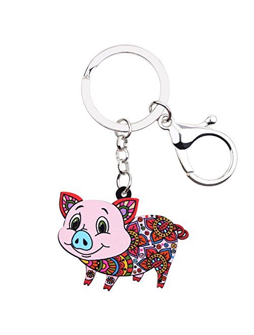 BONSNY Patterned Acrylic Cartoon Farm pig Keychains For Women Kids Car Key Bag Rings Pendant Charms Gifts