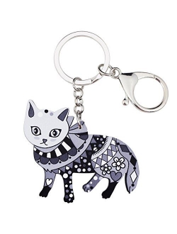 Patterned Floral Acrylic Cat Keychains For Women Kids Car Purse Bag Rings Pendant Charms Gifts