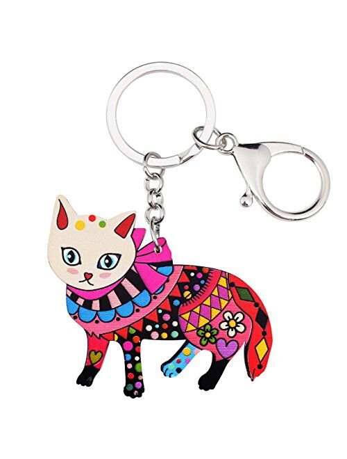 BONSNY Patterned Floral Acrylic Cat Keychains For Women Kids Car Purse Bag Rings Pendant Charms Gifts