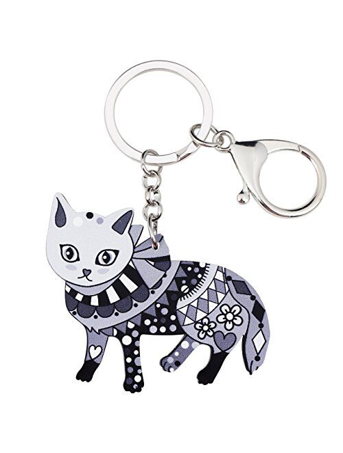 BONSNY Patterned Floral Acrylic Cat Keychains For Women Kids Car Purse Bag Rings Pendant Charms Gifts