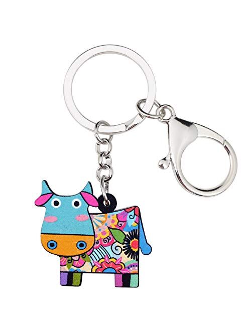 Bonsny Acrylic Sweet Colorful Cow Dairy Cattle Keychains Key Ring Car Purse Bags Farm Animal Lover Gifts