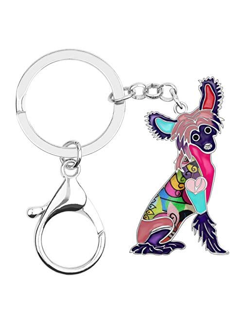 BONSNY Enamel Metal Heart Rhinestone Chinese Crested Dog Key Chains For Women Kids Car Purse bag Rings Charms Pets Gift