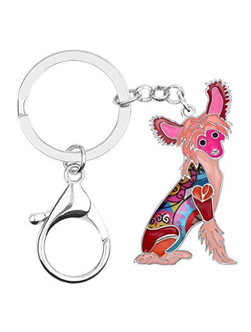 BONSNY Enamel Metal Heart Rhinestone Chinese Crested Dog Key Chains For Women Kids Car Purse bag Rings Charms Pets Gift