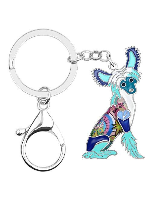 BONSNY Enamel Metal Heart Rhinestone Chinese Crested Dog Key Chains For Women Kids Car Purse bag Rings Charms Pets Gift