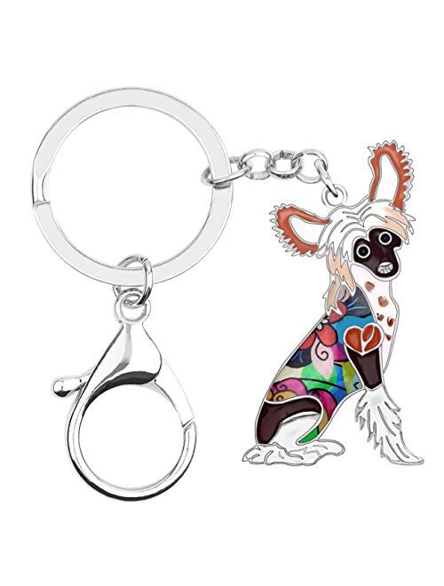 BONSNY Enamel Metal Heart Rhinestone Chinese Crested Dog Key Chains For Women Kids Car Purse bag Rings Charms Pets Gift