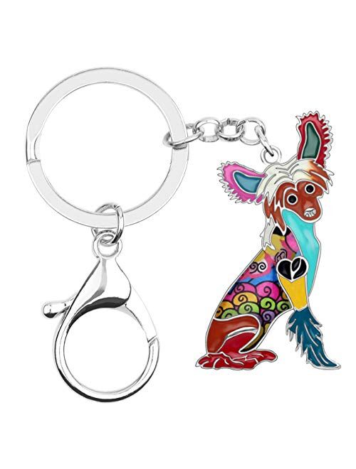 BONSNY Enamel Metal Heart Rhinestone Chinese Crested Dog Key Chains For Women Kids Car Purse bag Rings Charms Pets Gift