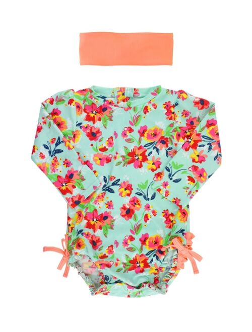 Rufflebutts Baby Girl's Long Sleeve Rash Guard Swimsuit Swim Headband Set