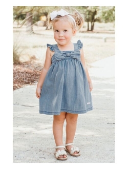 Baby Girl Light Wash Denim Flutter Bow Dress and Bow Headband Set