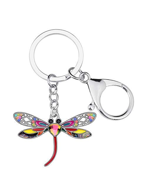 Bonsny Enamel Alloy Rhinestone Floral Dragonfly Keychains Gifts for Women Key Car Purse Bags Charms Nature Design