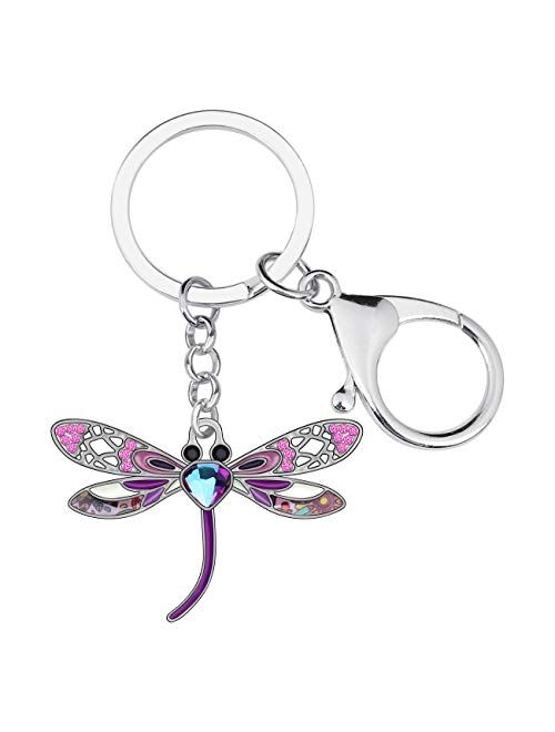 Bonsny Enamel Alloy Rhinestone Floral Dragonfly Keychains Gifts for Women Key Car Purse Bags Charms Nature Design