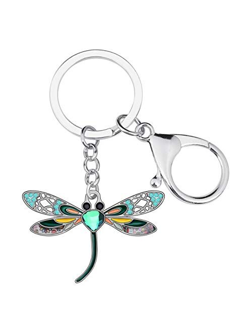 Bonsny Enamel Alloy Rhinestone Floral Dragonfly Keychains Gifts for Women Key Car Purse Bags Charms Nature Design