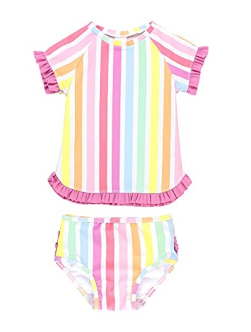 RuffleButts Baby/Toddler Girls UPF 50+ 2-Piece Short Sleeve Rash Guard Bikini w/Ruffles