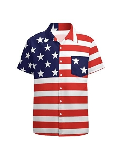 GADZILLE American Flag Button Up Shirt for Men USA Patriotic Hawaiian Shirt Striped Aloha Shirt