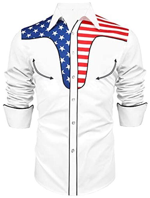 Daupanzees Men's Long Sleeve Embroidered Shirts Slim Fit American Flag Button Down Shirts