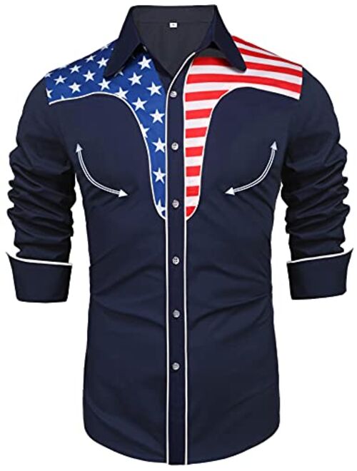 Daupanzees Men's Long Sleeve Embroidered Shirts Slim Fit American Flag Button Down Shirts