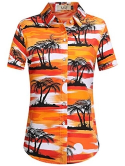 SSLR Women's Printed Short Sleeve Casual Button Down Hawaiian Shirt