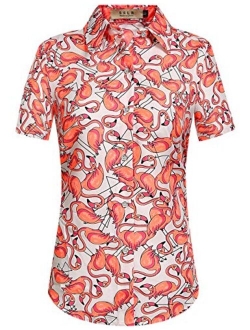 SSLR Women's Printed Short Sleeve Casual Button Down Hawaiian Shirt