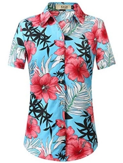 SSLR Women's Printed Short Sleeve Casual Button Down Hawaiian Shirt