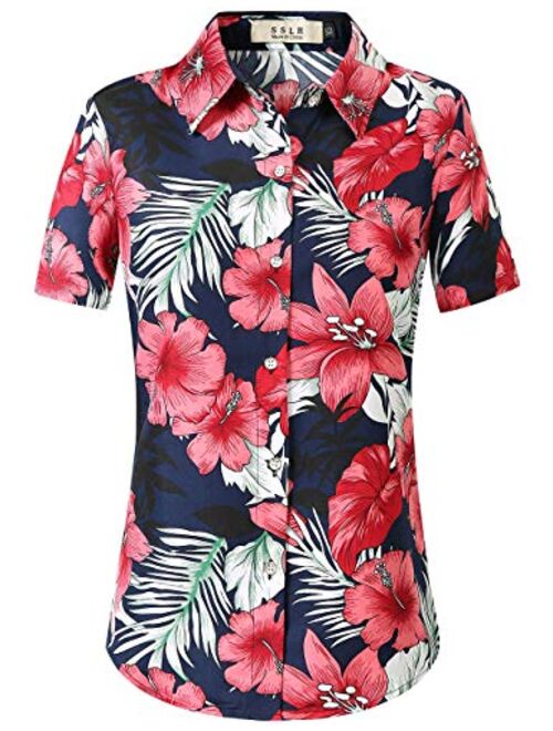 SSLR Women's Printed Short Sleeve Casual Button Down Hawaiian Shirt