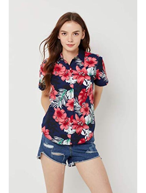 SSLR Women's Printed Short Sleeve Casual Button Down Hawaiian Shirt