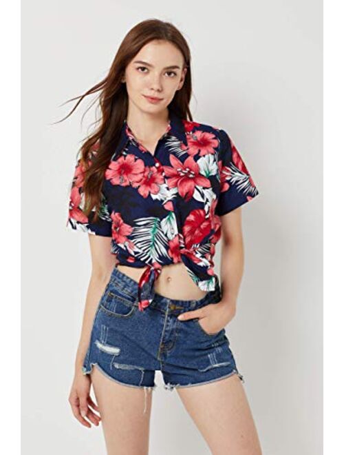 SSLR Women's Printed Short Sleeve Casual Button Down Hawaiian Shirt