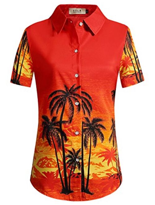 SSLR Women's Printed Short Sleeve Casual Button Down Hawaiian Shirt