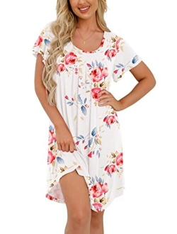 PrinStory Womens Nightgown Comfy Short Sleeve Sleepwear Ladies Nightshirt Soft Scoopneck Pleated Sleepshirt