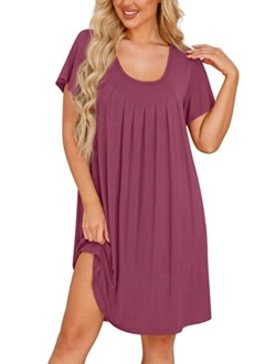 PrinStory Womens Nightgown Comfy Short Sleeve Sleepwear Ladies Nightshirt Soft Scoopneck Pleated Sleepshirt