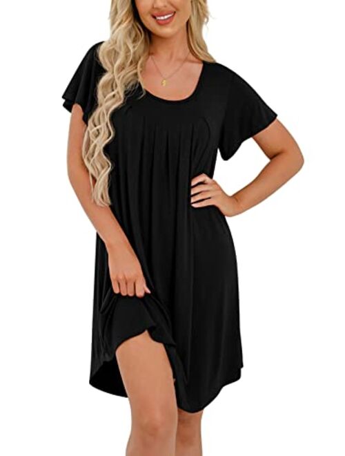 PrinStory Womens Nightgown Comfy Short Sleeve Sleepwear Ladies Nightshirt Soft Scoopneck Pleated Sleepshirt